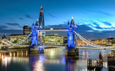 Tower Bridge, London, The Shard, skyskrapor, kv&#228;ll, moderna byggnader, Themsen, landm&#228;rke, London staden, England