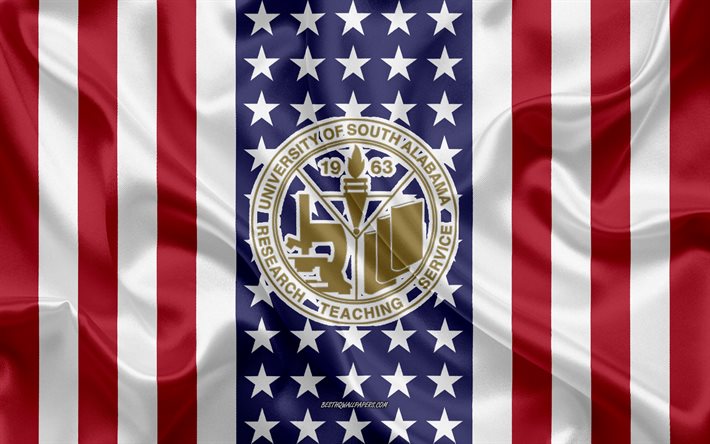 universit&#228;t von south alabama-emblem, amerikanische flagge, universit&#228;t von south alabama-logo, mobile, alabama, usa, wahrzeichen der university of south alabama