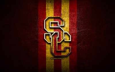 USC Trojans, golden logo, NCAA, red metal background, american football club, USC Trojans logo, american football, USA