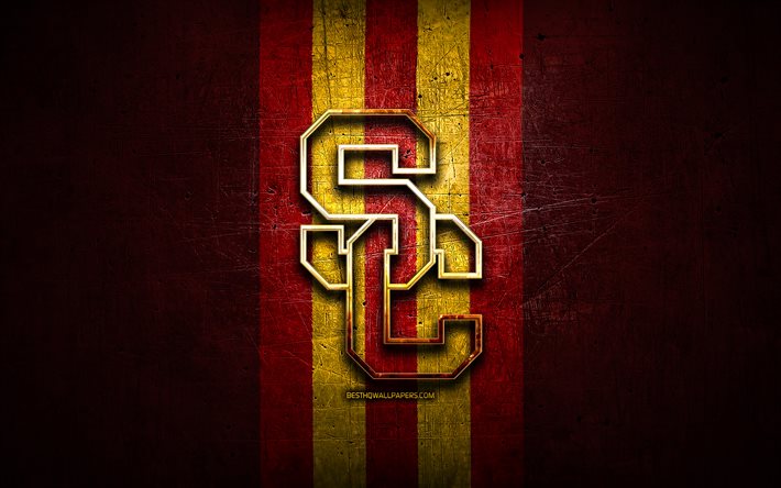 USC Trojans, golden logo, NCAA, red metal background, american football club, USC Trojans logo, american football, USA