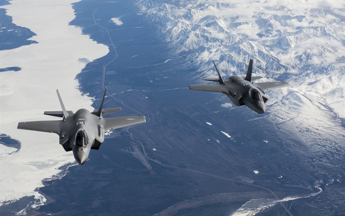 Lockheed Martin F-35 Lightning II, F-35A, fighter-bombers, US Air Force, fighters in the sky, pair of American fighters, USA