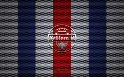 Willem II logo, Dutch football club, metal emblem, blue and white metal mesh background, Willem II, Eredivisie, Tilburg, Netherlands, football