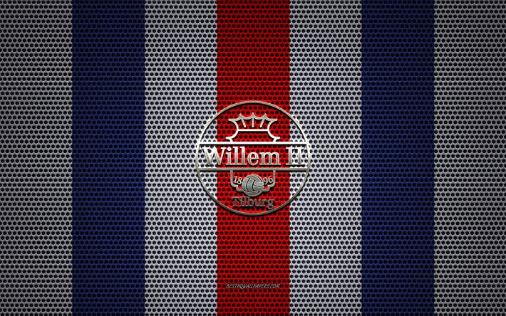 Willem II logo, club de foot n&#233;erlandais, embl&#232;me m&#233;tallique, bleu et blanc, maille en m&#233;tal d&#39;arri&#232;re-plan, Willem II Eredivisie, Tilburg, pays-bas, le football