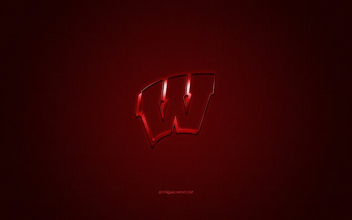 Wisconsin Badgers logo, American football club, NCAA, red logo, red carbon fiber background, American football, Madison, Wisconsin, USA, Wisconsin Badgers