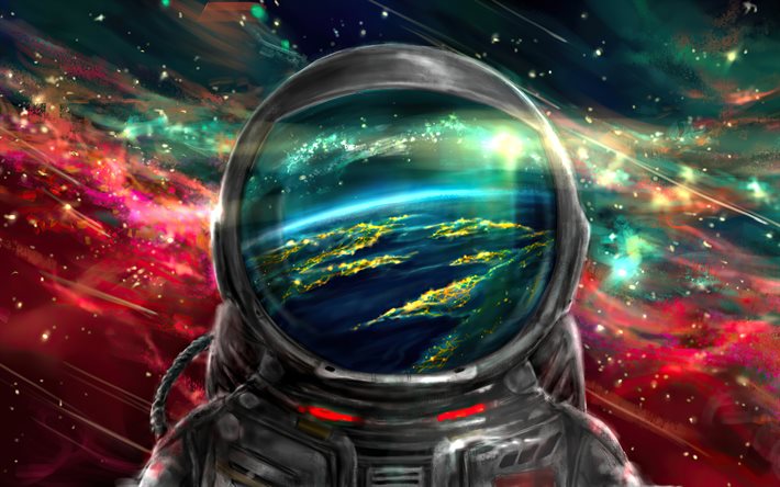 宇宙飛行士の宇宙, 4k, 赤nubula, 銀河, の, 軌道上で宇宙飛行士, 宇宙服を着用, 宇宙飛行士