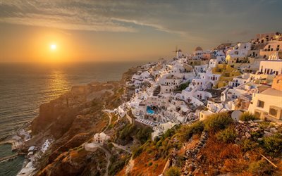 Santorini, mar Egeo, Thira, casas blancas, paisaje, noche, puesta de sol rom&#225;ntica isla, Grecia