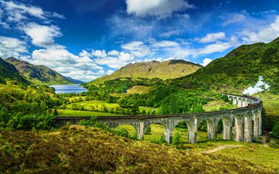 Glenfinnan Viaduct, 4k, summer, West Highland Line, Glenfinnan, Scotland, viaduct, Great Britain, beautiful nature