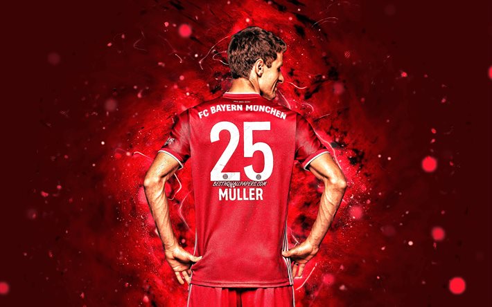 Thomas Muller, 4k, vista posterior, el Bayern Munich FC, alemana futbolistas, Bundesliga, el rojo de las luces de ne&#243;n, de f&#250;tbol, de Alemania, el Bayern Munich, Thomas Muller 4K