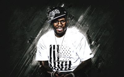 50 Cent, Curtis Jackson, muotokuva, amerikkalainen r&#228;pp&#228;ri, harmaa kivi tausta, creative art