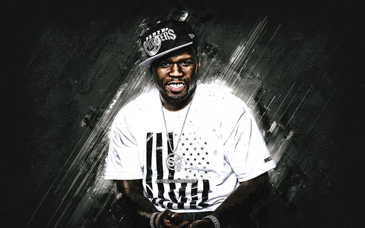 50 Cent, Curtis Jackson, portrait, american rapper, gray stone background, creative art