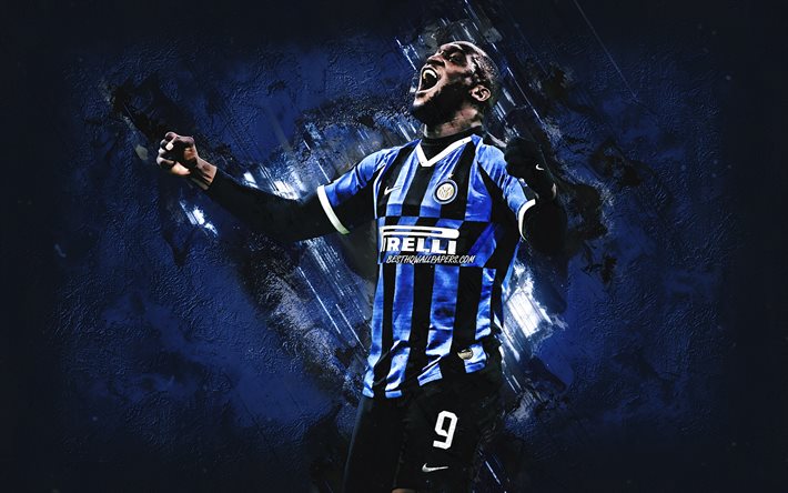 Romelu Lukaku, Inter Milan, Serie A, Belgian soccer player, FC Internazionale, portrait, blue stone background, Romelu Menama Lukaku Bolingoli