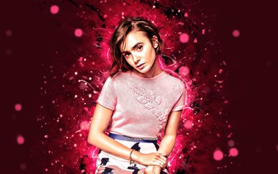 Lily Collins, 4k, purple neon lights, Hollywood, american celebrity, Lily Jane Collins, movie stars, beauty, american actress, Lily Collins 4K