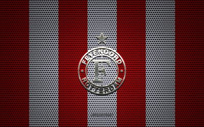 Feyenoord logo, Dutch football club, metal emblem, red and white metal mesh background, Feyenoord, Eredivisie, Rotterdam, Netherlands, football, Feyenoord Rotterdam
