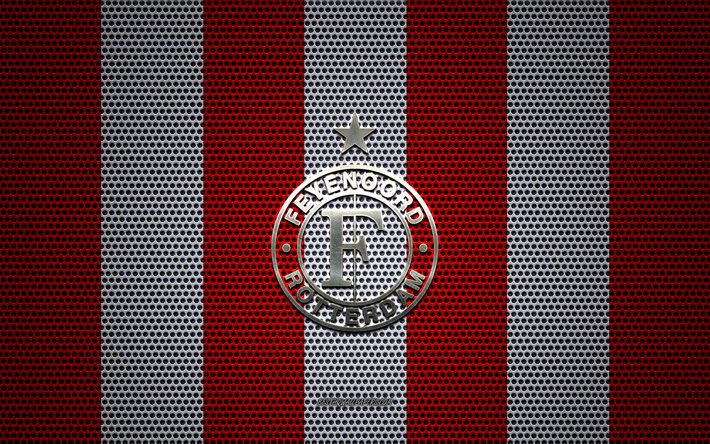 Feyenoord logo, Dutch football club, metal emblem, red and white metal mesh background, Feyenoord, Eredivisie, Rotterdam, Netherlands, football, Feyenoord Rotterdam