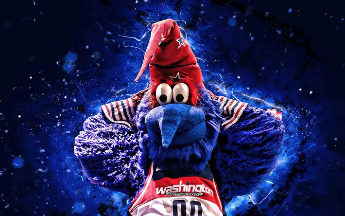 G-Wiz, 4k, mascot, Washington Wizards, blue neon lights, NBA, creative, USA, Washington Wizards mascot, NBA mascots, official mascot, G-Wiz mascot