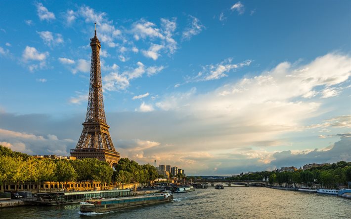 Parigi, Torre Eiffel, la Senna, sera, tramonto, punto di riferimento, cityscape, Francia