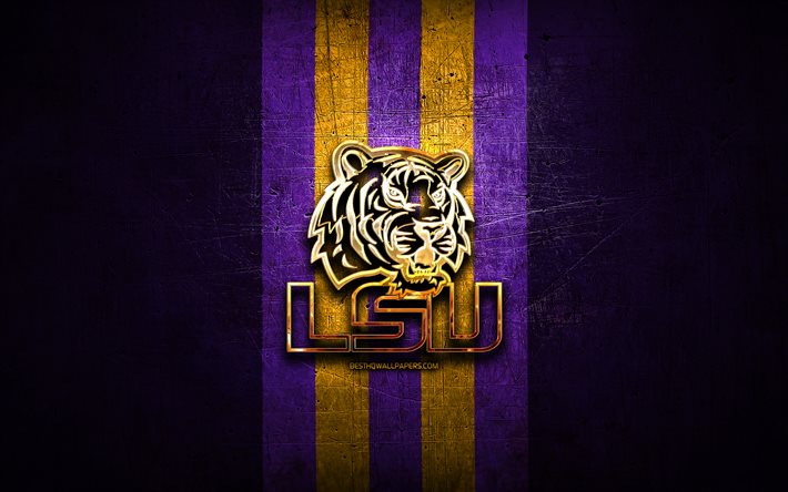 LSU Tigers, golden logo, NCAA, violet metal background, american football club, LSU Tigers logo, american football, USA