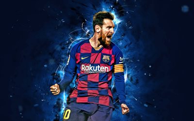 Lionel Messi, 2020, O Barcelona FC, A Liga, objetivo, argentino de futebol, FCB, estrelas do futebol, Messi, Leo Messi, luzes de neon azuis, Barca, futebol, LaLiga, Espanha