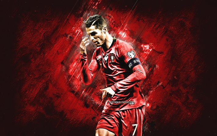 Cristiano Ronaldo, ポルトガル代表サッカーチーム, CR7, 肖像, ポルトガル語サッカー選手, 赤石の背景, サッカー, ワールドサッカースター, ポルトガル