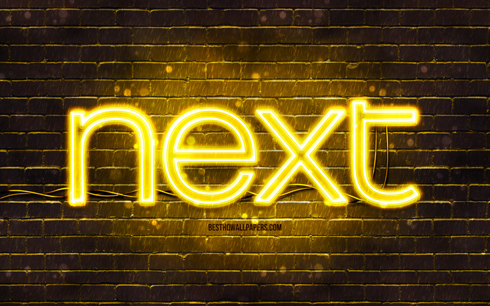 next keltainen logo, 4k, keltainen tiilisein&#228;, next logo, tuotemerkit, next neon logo, next