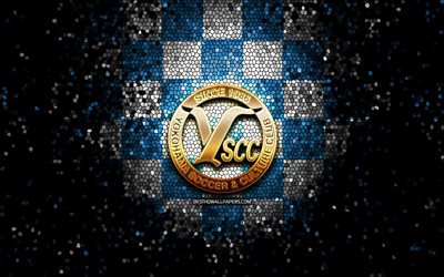 YSCC Yokohama FC, glitter logo, J3 League, blue white checkered background, soccer, japanese football club, YSCC Yokohama logo, mosaic art, football, YSCC Yokohama