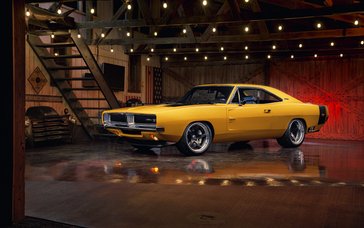 1969, Dodge Charger, CAPTIV, Ringbrothers, 4k, retro cars, exterior, yellow Dodge Charger 1969, american cars, Dodge