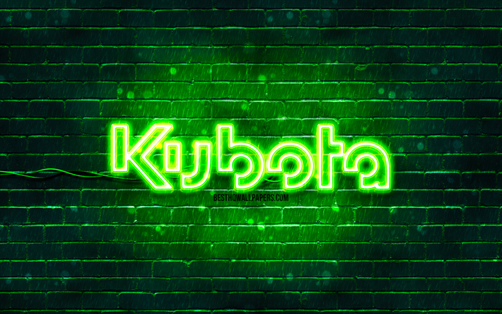 Kubota green logo, 4k, green brickwall, Kubota logo, brands, Kubota neon logo, Kubota