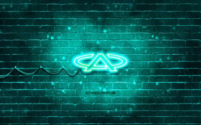 Chery turquoise logo, 4k, turquoise brickwall, Chery logo, cars brands, Chery neon logo, Chery