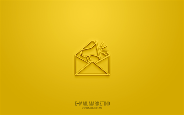 رمز 3d التسويق عبر البريد الإلكتروني, خلفية صفراء, رموز ثلاثية الأبعاد, التسويق عبر البريد الإلكتروني, أيقونات التسويق, أيقونات ثلاثية الأبعاد, علامة التسويق عبر البريد الإلكتروني, تسويق أيقونات ثلاثية الأبعاد