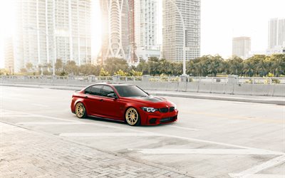 BMW M3, F80, front view, exterior, BMW F80, red matte BMW M3, gold wheels, German cars, BMW