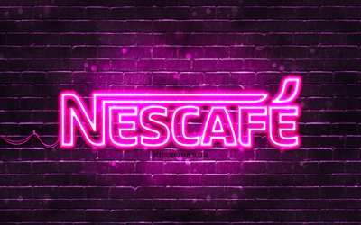 Nescafe purple logo, 4k, purple brickwall, Nescafe logo, brands, Nescafe neon logo, Nescafe