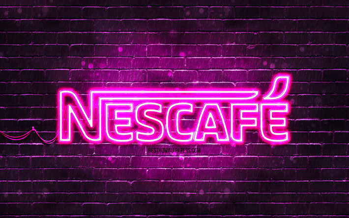 lila nescafe-logo, 4k, lila brickwall, nescafe-logo, marken, nescafe-neon-logo, nescafe