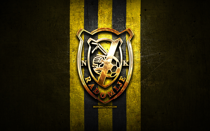 ラドムリェfc, 金色のロゴ, ファーストリーグ, 黄色の金属の背景, フットボール, スロベニアのサッカークラブ, nkラドムリェのロゴ, サッカー, スロベニア, nkラドムリェ