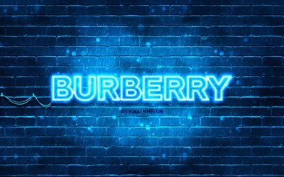 logo bleu burberry, 4k, brickwall bleu, logo burberry, marques, logo n&#233;on burberry, burberry