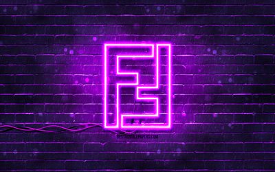 Fendi violet logo, 4k, violet brickwall, Fendi logo, brands, Fendi neon logo, Fendi