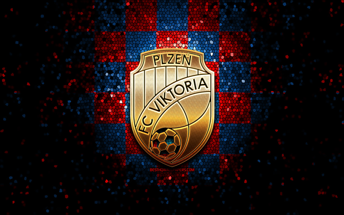 Viktoria Plzen FC, glitter logo, Czech First League, red blue checkered background, soccer, Czech football club, Viktoria Plzen logo, mosaic art, football, FC Viktoria Plzen