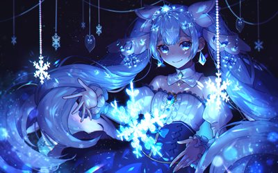 Hatsune Miku, night, Vocaloid, manga, Vocaloid characters, snowflakes, Hatsune Miku Vocaloid