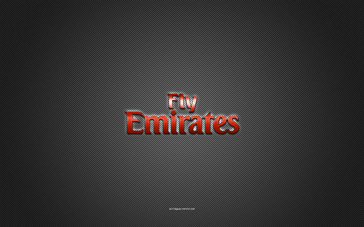 Emirates Airlines logo, red shiny logo, Emirates Airlines metal emblem, gray carbon fiber texture, Emirates Airlines, brands, creative art, Emirates Airlines emblem