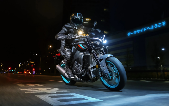 Yamaha MT-10, 4k, night, 2022 bikes, superbikes, headlights, rider on bike, 2022 Yamaha MT-10, japanese motorcycles, Yamaha
