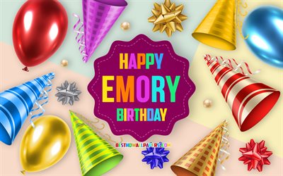 Happy Birthday Emory, 4k, Birthday Balloon Background, Emory, creative art, Happy Emory birthday, silk bows, Emory Birthday, Birthday Party Background