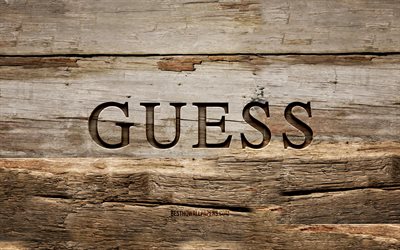 Guess wooden logo, 4K, wooden backgrounds, brands, Guess logo, creative, wood carving, Guess