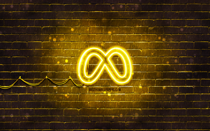 Meta yellow logo, 4k, yellow brickwall, Meta logo, yellow abstract background, brands, Meta neon logo, Meta