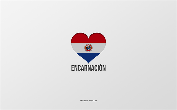 j aime encarnacion, villes paraguayennes, jour d encarnacion, fond gris, encarnacion, paraguay, coeur de drapeau paraguayen, villes pr&#233;f&#233;r&#233;es, love encarnacion