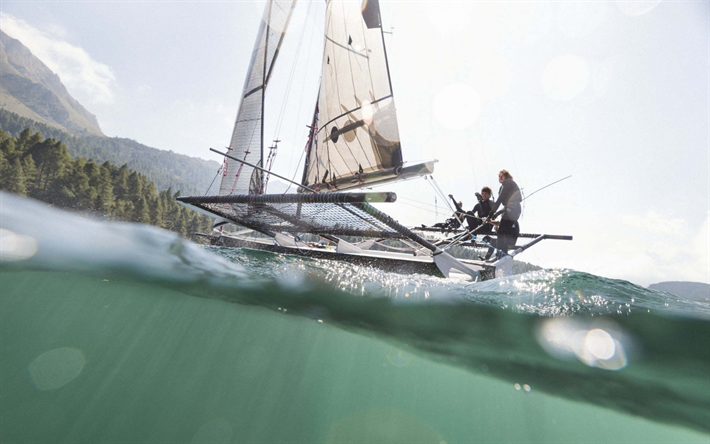 yacht catamaran, voile, voilier, lac, sports nautiques, engadine, suisse