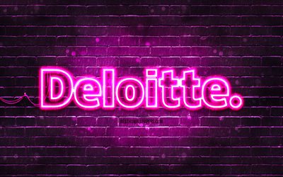 Deloitte purple logo, 4k, purple brickwall, Deloitte logo, brands, Deloitte neon logo, Deloitte