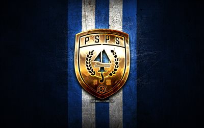 PSPS Riau FC, golden logo, Indonesia Liga 1, blue metal background, football, Indonesian football club, PSPS Riau logo, soccer, PSPS Riau
