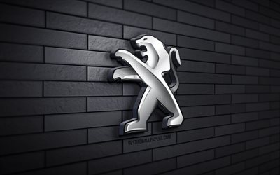 logotipo de peugeot 3d, 4k, pared de ladrillo gris, creativo, marcas de autom&#243;viles, logotipo de peugeot, logotipo de metal de peugeot, arte 3d, peugeot
