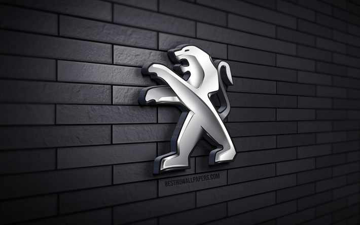 peugeot 3d logo, 4k, harmaa tiilisein&#228;, luova, automerkit, peugeot logo, peugeot metallilogo, 3d art, peugeot