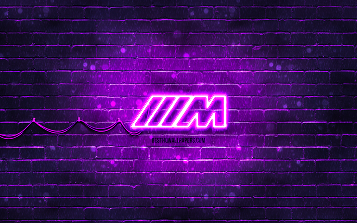 violettes m-sport-logo, 4k, violette ziegelwand, m-sport-logo, automarken, m-sport-team, m-sport-neon-logo, m-sport, bmw m-sport
