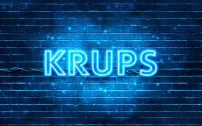 logotipo azul de krups, 4k, pared de ladrillo azul, logotipo de krups, marcas, logotipo de ne&#243;n de krups, krups